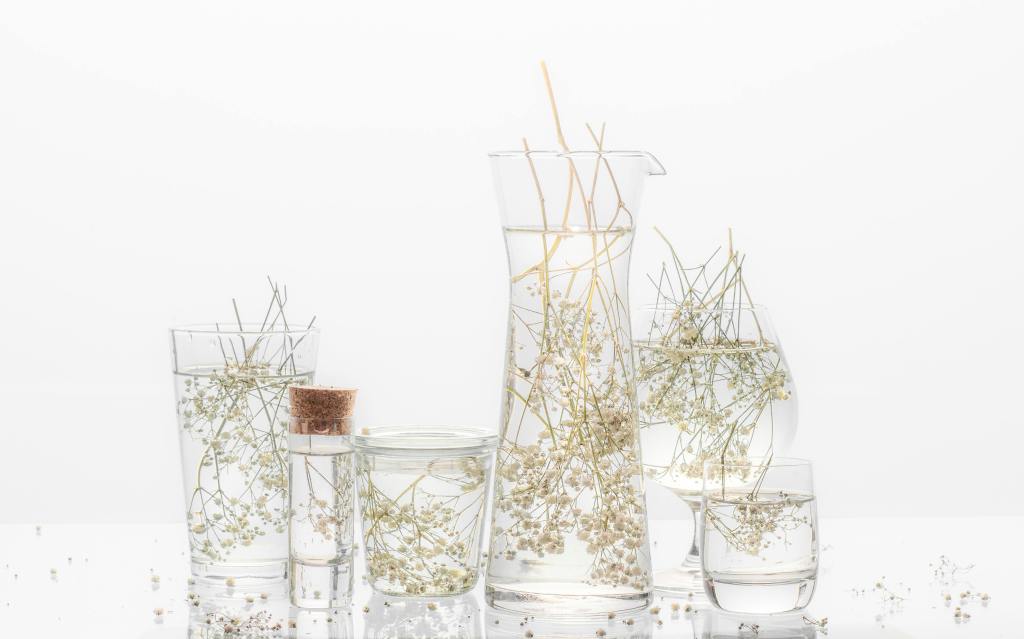 Composition épurée sur fond blanc de plusieurs récipients en verre transparent remplis d'eau et de délicates fleurs de gypsophile, comprenant une grande carafe, différents verres et un petit flacon en verre bouché de liège.